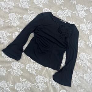 Vintage Y2K Monkey Wear Black Rosette Bell Sleeve Top – Size 14